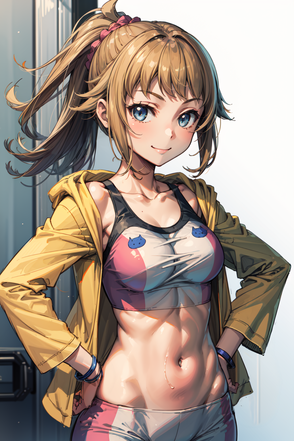 00417-3592717843-masterpiece,best quality,1girl,hoshino fumina,yellow jacket,open jacket,sports bra,bike shorts,midriff,smile,hands on hips,_lora.png
